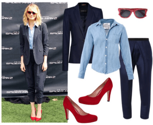 Emma Stone traje dos piezas y camisa denim