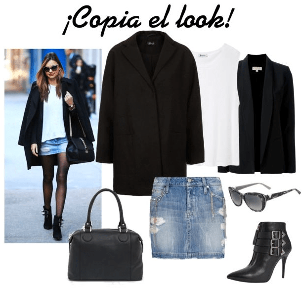 Miranda Kerr abrigo masculina y minifalda denim