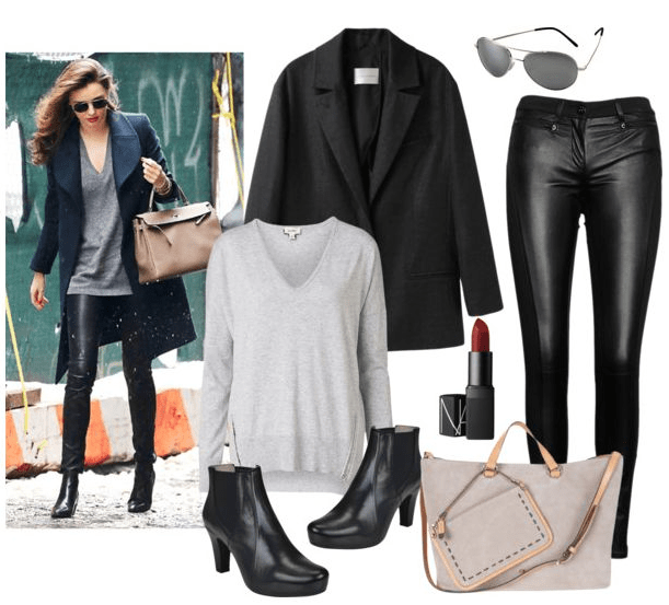 Miranda Kerr abrigo masculino y pantalones de cuero