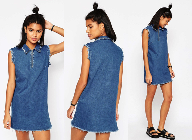 Vestido vaquero sin mangas con detalle de cuello tipo polo y bajo sin rematar en color azul con lavado medio de ASOS