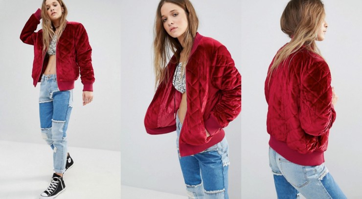 Cazadora bomber roja de terciopelo de Boohoo